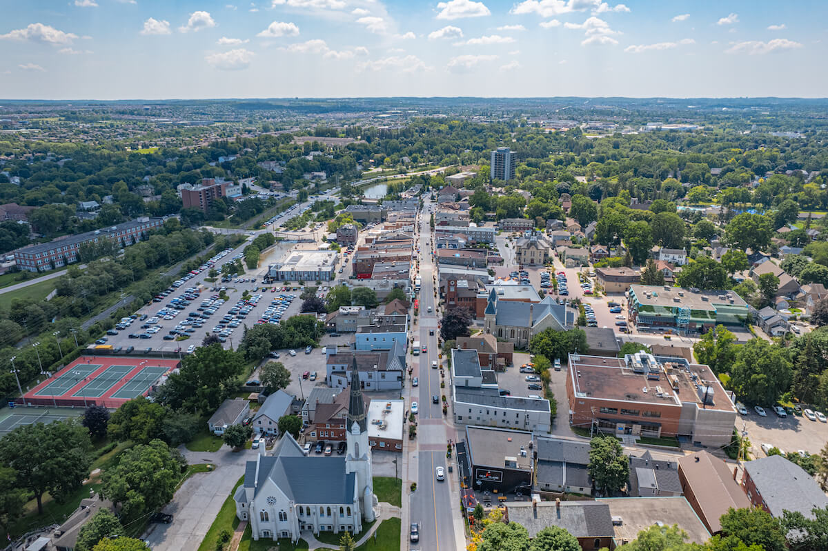 Aerial view of downtown Newmarket, Ontario showcasing the growing business district supported by the best VoIP providers in Newmarket.