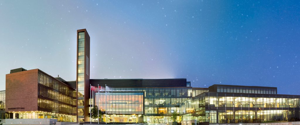 Vaughan City Hall at dusk, representing modern local infrastructure supported by SE Telecom’s VoIP business phone system in Vaughan.
