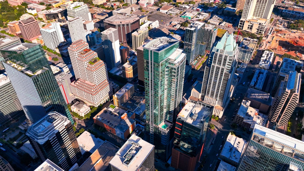 Aerial view of downtown Austin Texas with office towers and business districts where companies deploy voip texas cloud phone systems