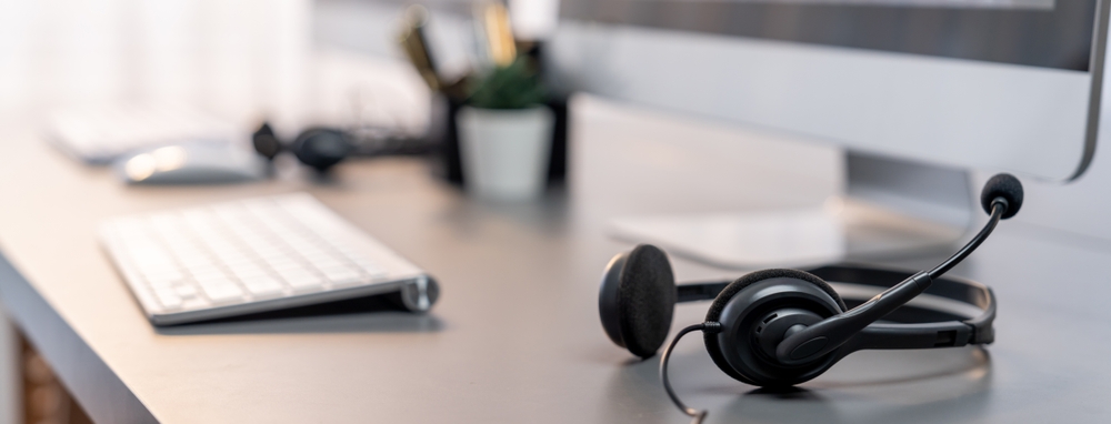 Panorama,View,Of,Empty,Call,Center,Operator,Workspace,,Focused,On